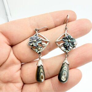 Silver Tone Abalone Flower Drop Earrings – Art Nouveau Style